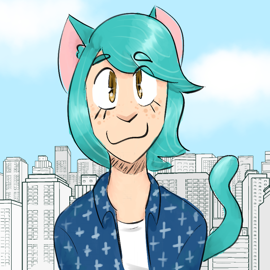 bust shot of a blue-haired catboy